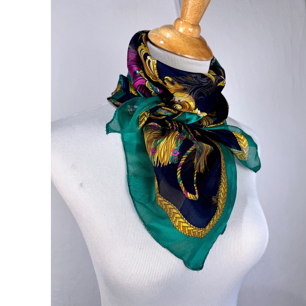 Vintage Baroque Tassel Square Scarf Green Blue Gold Ornate Sheer 30x30 Wild Rag‎